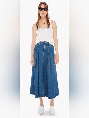 Mothrt Denim The Pleated Midi Skirt Wirh Fray